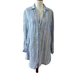 FRANK & EILEEN MARY CLASSIC LINEN SILK SHIRTDRESS STRIPES LONG SLEEVES LOOSE FIT